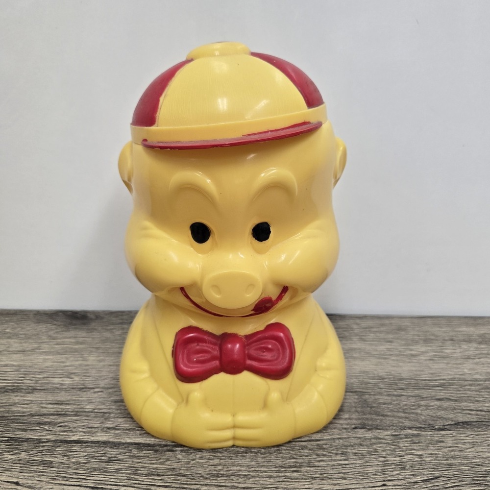 Vintage 1950's Celluloid Kitsch Pig Cookie Jar, Yellow w/ Red Hat And Tie Lid‎